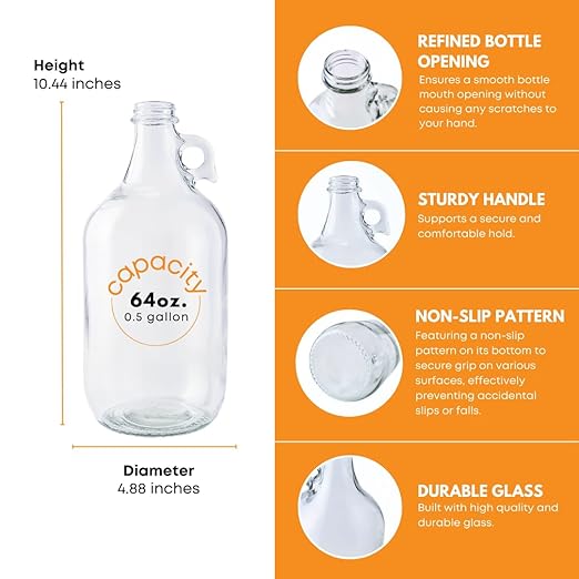 Fastrack 4-Pack Half-Gallon Glass Jug Set (64 oz) w/4 Polyseal Caps | Multipurpose Half Gallon Jug, & Detergent Dispenser for Laundry, Glass Jar for Liquids, Water & Juice