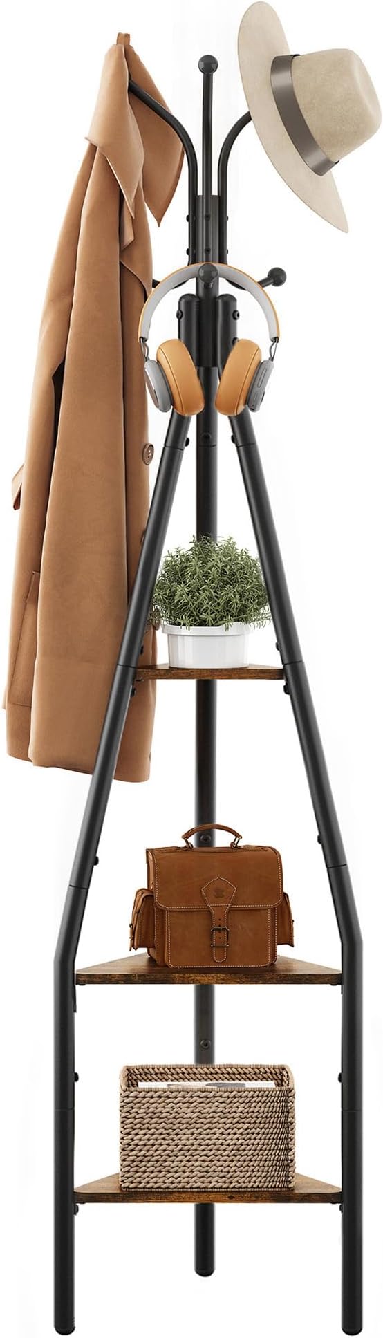 Hoctieon 3-Tier Coat Rack Freestanding with Hooks, Industrial Coat Tree Freestanding, Mordern Coat Racks Free Standing with Shelf, Coat Rack with Storage for Clothes, Hats, Bags