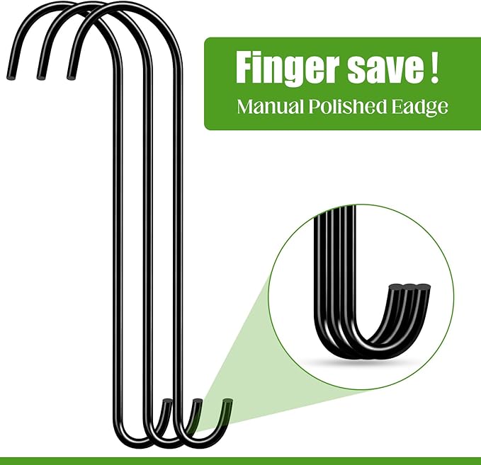 3 Pack 18 Inch S Hooks for Hanging Plants, Heavy Duty Metal Extension Hangers for Bird Feeders Wind Chimes Flower Baskets Black Vinyl Coated Rustproof Garden Hooks