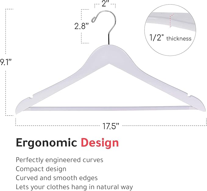 Quality Hangers Wooden - Slightly Curved Hanger 90 Pack Sets - Solid Wood Coat with Stylish Chrome Hooks - Heavy-Duty Clothes, Jacket, Shirt, Pants, Suit Hangers(White, 90), 17.5 inch, W040-30/ctn