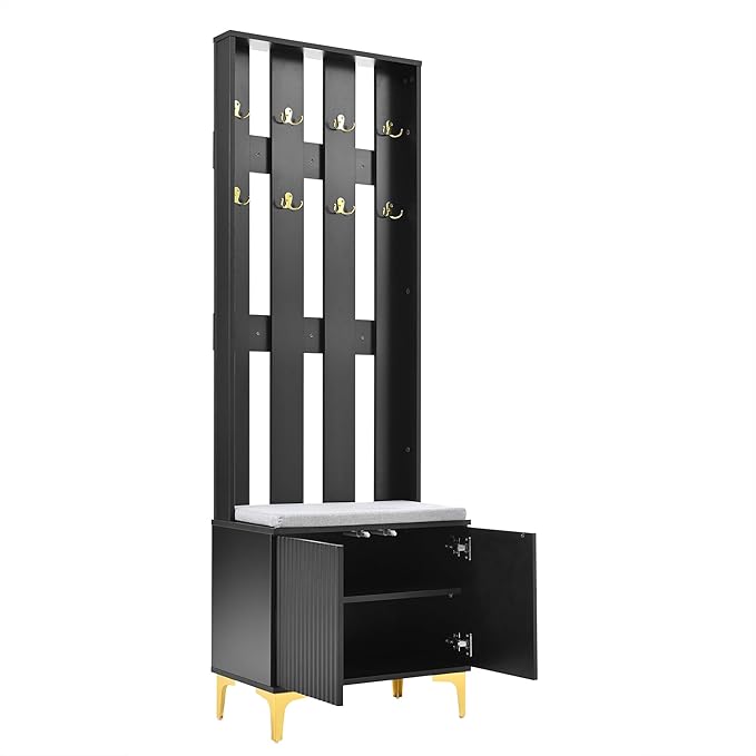 70.8" H Hall Tree with Cushion, Modern Luxury 4-in-1 Hall Tree with Adjustable Shelves & Fluted Doors, Versatile Coat Rack with 8 Gold Hooks and Legs, Entryway Bench for Hallway (Black/379)