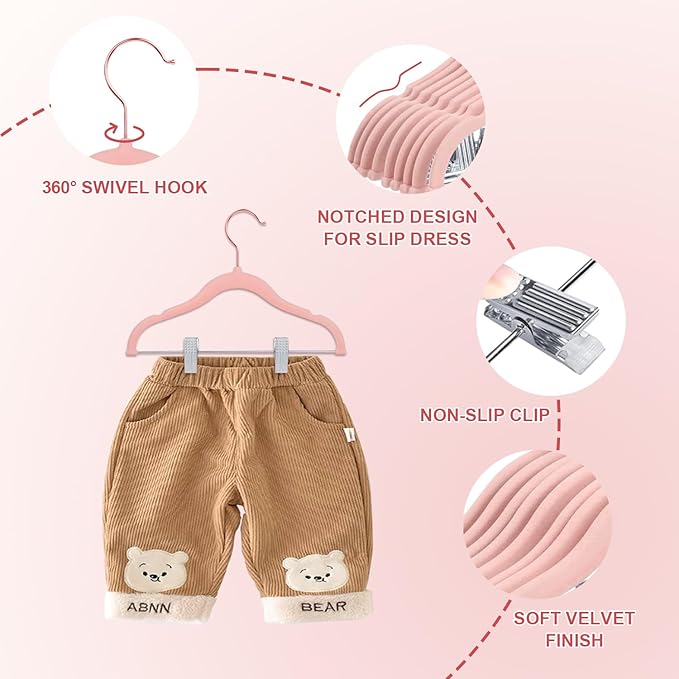 Baby Hangers with Clips, 24 Packs Kids Velvet Clothes Hangers, Heavy-Duty Childrens Pant Hangers for Shirts, Pants, Skirts, Dresses, Jackets, Coat Pink - Rose Gold Hook