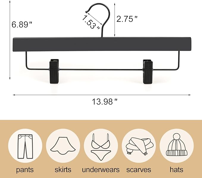 TOPIA HANGER Wooden Pants Hangers 10 Pack, Black Skirt Hangers with Clips and Rotatable Hook, Durable Natural Rubber Wood Organizer for Skirts, Pants, Jeans, Shorts - CTS02B