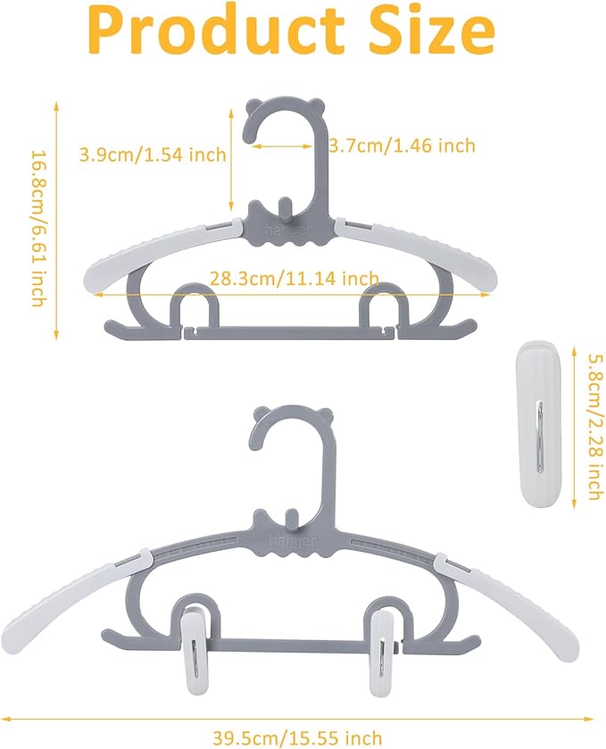 50 Pack Plastic Hangers with 16 Clips, 11-15 inch Adjustable Clothes Hanger, Durable & Non-Slip, Space Saving Coat Hangers for Pants, Jackets and Dress (Grey)