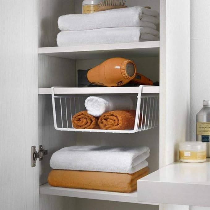 Modern Home Under Shelf Wire Storage Baskets – Hanging Organizer Rack for Cabinet, Pantry, or Closet – White Metal Basket for Kitchen, Towels, or Office – No Tools Required (Set of 2 10.25")