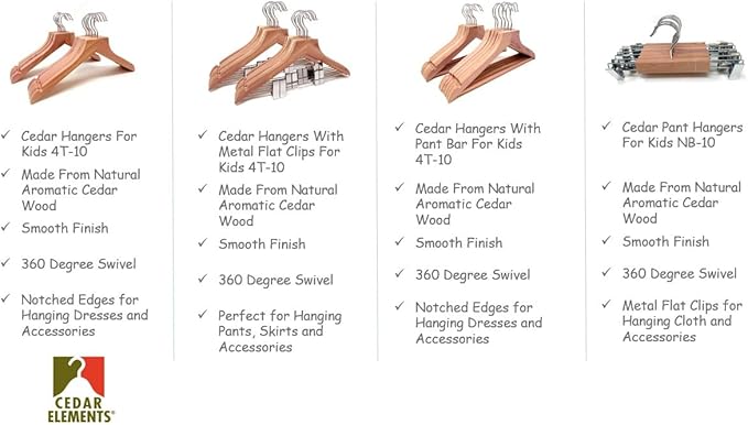 Cedar Elements Big Kids Cedar Hangers – French Flat Top Style 12 Pack for Kids Size 4T-10 (with Pant bar)