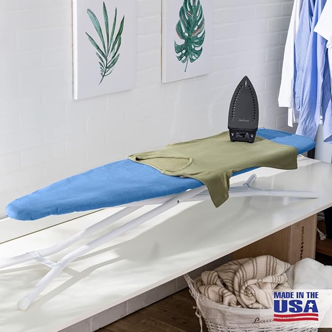 Full Size Ironing Board Made in USA – Dark Blue by Seymour Home Products 4 Heavy-Duty Steel Legs Perforated Top for Steam Includes Cover & Pad Sturdy, Foldable Iron Board for Home & Laundry