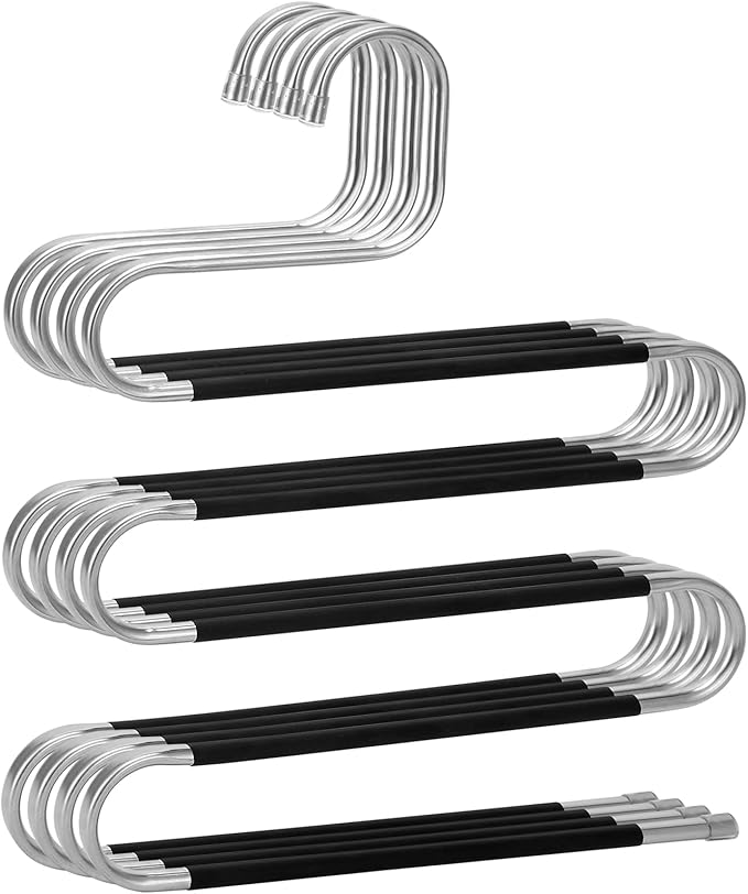 Pants Hangers Space Saving,4 Pack Stainless Steel Non-Slip Hangers for Pants,Multiple S-Shaped Closet Storage Organizer Hanger for Pants Jeans Scarf Towels Leggings