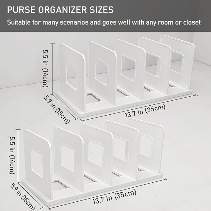 Purse Organizer for Closet Shelf 10 Divider, Adjustable Closet Organizer, Shelf Divider Storage Organizer for Purse and Handbag Closet Shelves - White