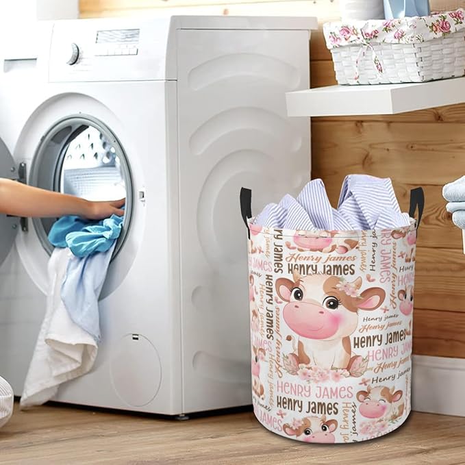 Cow Laundry Basket,Personalized Laundry Hamper for Boys Girls,Custom Laundry Basket With Name, Customized Dirty Clothes Hamper for Bathroom Bedrooms,M-19.5"X 15.7"