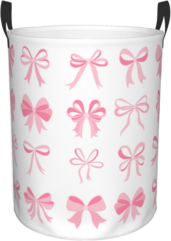Laundry Basket Room Decor,Round Laundry Hamper Waterproof Dirty Clothes Hamper Collapsible Laundry Baskets With Handles,Toy/Clothes Storage Basket For Home Dorm Bathroom Decor (Pink Bow)