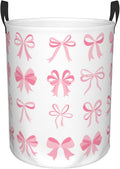 Laundry Basket Room Decor,Round Laundry Hamper Waterproof Dirty Clothes Hamper Collapsible Laundry Baskets With Handles,Toy/Clothes Storage Basket For Home Dorm Bathroom Decor (Pink Bow)