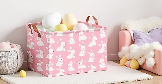 CLOCOR Rectangular Pink Easter Gift Basket Empty,Waterproof Easter Bunny Bakset for Egg Hunting(Pink Easter Bunny)