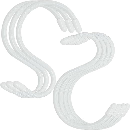 Nisoger 12 Pack 4 inch Vinyl Coated S Hooks with Rubber Stopper Non Slip Heavy Duty S Hook, White Steel Metal White Rubber Coated Closet S Hooks for Hanging Jeans Plants Jewelry Pot Pan Cups Towels