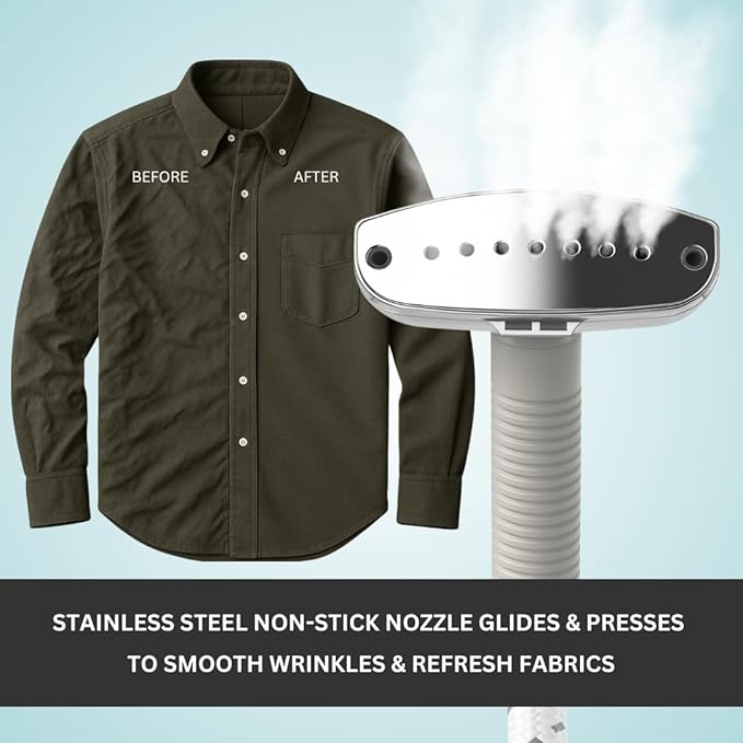 SALAV® Standing Steamer for Clothes, 1500W Powerful Garment Steamer with Roll Wheels, 4 Steam Settings, High Efficiency Stainless Steel Plate, with Limescale Remover Descaler Packets