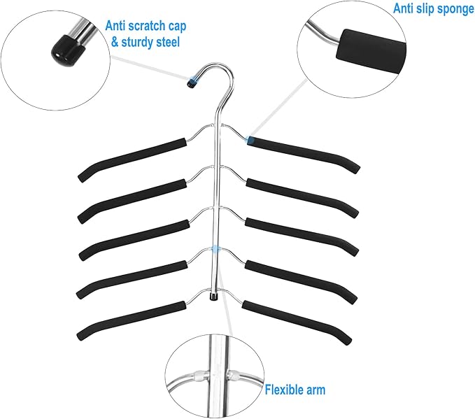 2 Pack 5 in 1 Metal Sweater Hangers Non Slip Stainless Steel Shirt Hangers Multi Layers Wardrobe Clothes Rack Heavy Duty Metal Space Saver Shirt Blouse Hanger Closet Storage Organizer