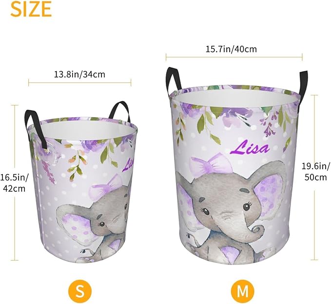 Purple Flower Pretty Elephant Personalized Laundry Hamper Custom with Name Collapsible Waterproof Storage Basket with Handles for Bedroom Clothes Toys.