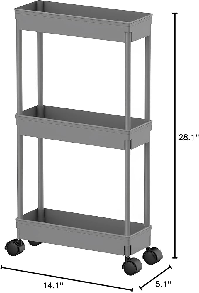 Sooyee Slim Storage Cart,3 Tier Bathroom Rolling Utility Cart Storage Organizer Slide Out Cart, Mobile Shelving Unit Organizer Trolley for Office Bathroom Kitchen Laundry Room Narrow Places, Grey