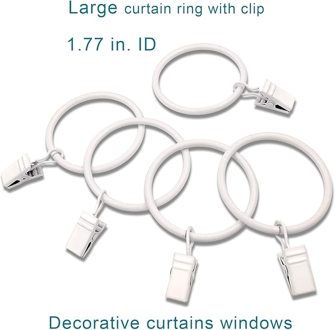40 Pack White Curtain Rings with Clips, Curtain Hooks Hangers Clip Rings for Hanging Drapes Bows Hat, Drapery Rings 1.77 in I D, Fits up to 1.5 in Diameter Curtain Rod.