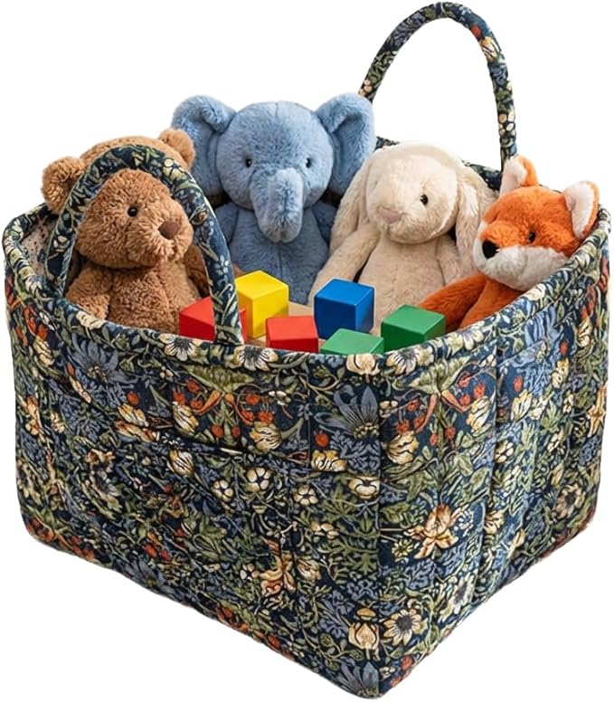 Quilted Fabric Basket Car Storage Basket Boho Floral Laundry Hamper for Nursery Bedroom & Living Room | Organize Clothes Toys