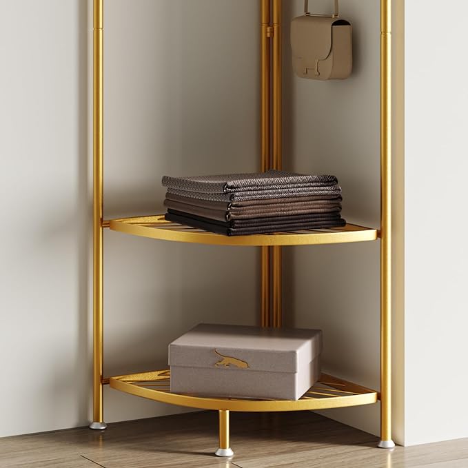 corner coat rack,corner hall tree with 6 hooks and storage shelf,gold clothing rack,Freestanding garment rack,metal corner clothes rack for Hallway, Entryway, Bedroom