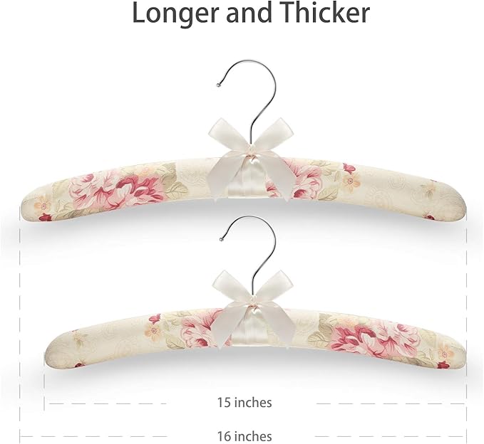 GLCON 16 inches Satin Padded Hangers for Sweaters - Thick Padded Clothes Hangers for Women Clothing - Foam Fabric Coat Hangers No Bump Fancy Canvas Covers for Adult Wedding Bridesmaid (Pack of 5)