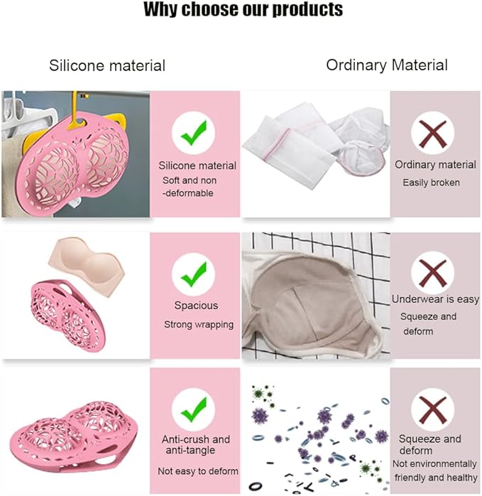 Bra Washing Bag Silicone Mesh Underwear Laundry Bags,Pink Reusable Silicone Bra Wash Bag Fits A-C Cup Bras,Anti Deformation Lingerie Bag for Washer/Dryer Machines