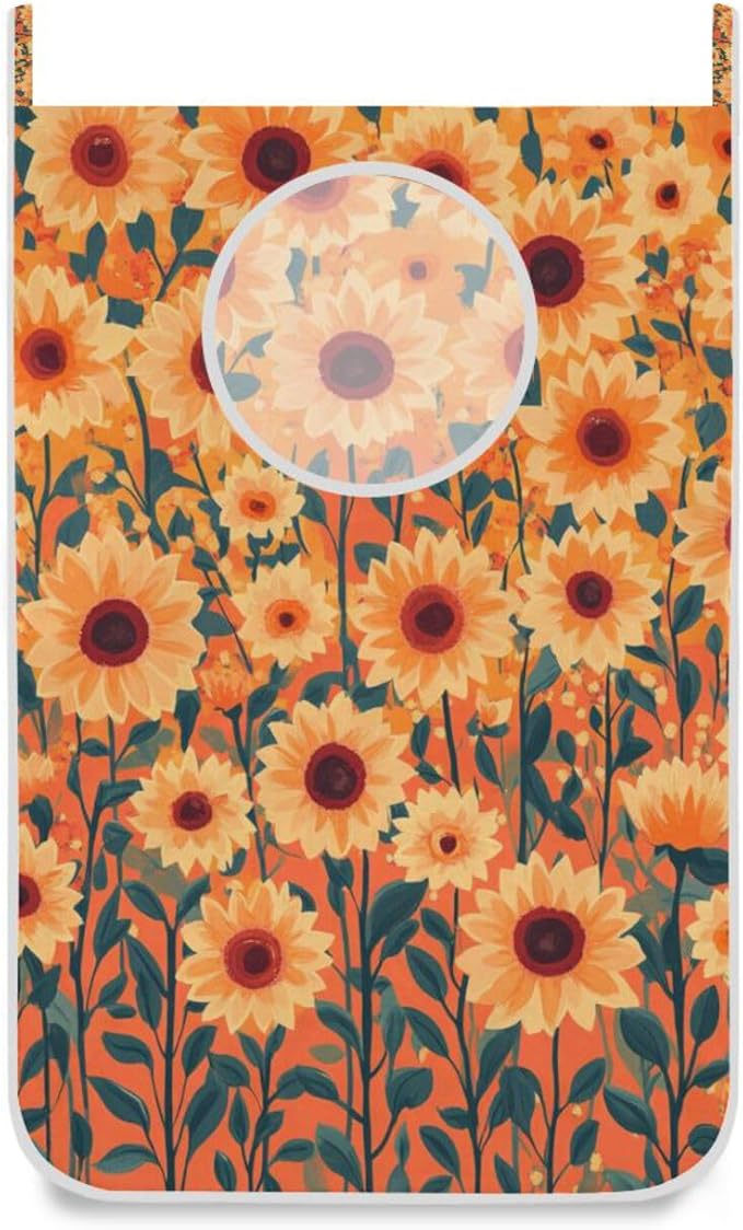 Orange Sunflowers and Poppy Flowers Door Hanging Laundry Hamper Bag with Free Adjustable Stainless Steel Hooks Dirty Clothes Hamper Extra Large Over the Door Laundry Hamper 29.5X20inch 2Pack