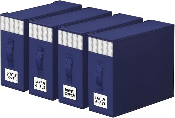 4 Pack Bed Sheet Closet Organizers and Storage,Sturdy Foldable Storage Containers with Window and Label,Storage and Organization for Bedding Sheets,Duvet Covers,Blankets (Blue)
