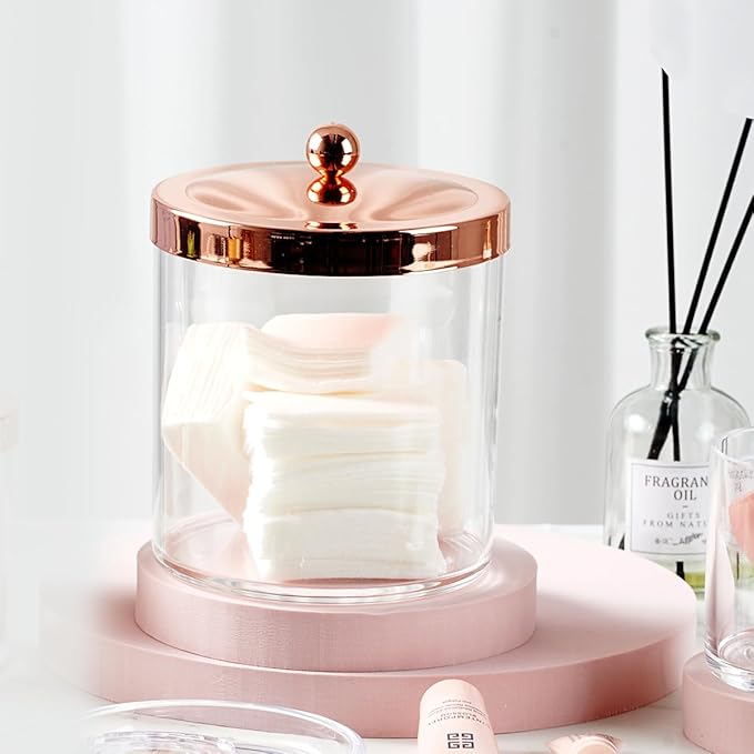 SheeChung 3 Pack 50 Oz Large Apothecary Jar with Rose Gold Rust-Proof Lid - Shatterproof Plastic Laundry Pods Container - Chic Rose Gold Bathroom & Vanity Storage Organizer for Scent Beads, Salts