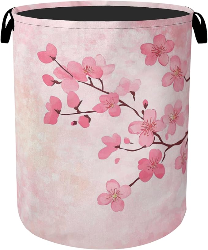 Pink Cherry Blossoms Laundry Basket - Extra Large Foldable Laundry Hamper for Bathroom/Laundry/Bedroom/Dorm, Washable Fabric Storage Bin with Handles