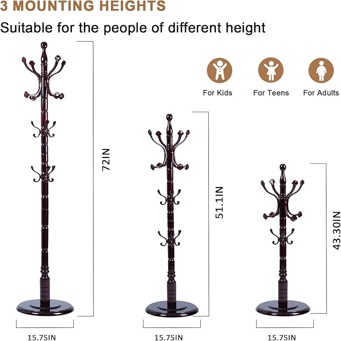 Solid Wood Coat Rack, Free Standing Hall Coat Tree with 14 Hooks, 3 Height Options, 300lbs Load, Stury Base, Clothes Rack for Entryway, Hallway, Bedroom (Disc Base - Ruyi)