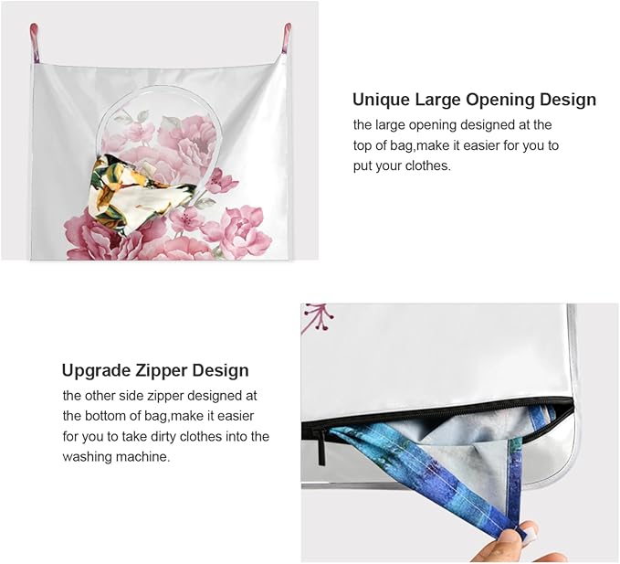 Hanging Laundry Hamper Floral with Stainless Steel Hooks,Oxford Fabric Printing Door Laundry Clothes Bag, 29.5X20inch 2PCS