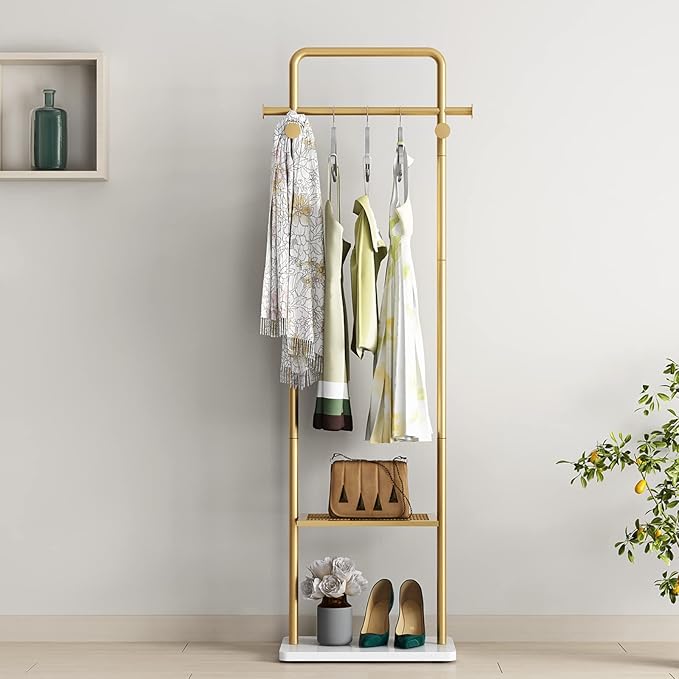 TIEOU Gold Clothes Racks with Shelf, Heavy Duty Gold Clothing Racks for Boutiques, Free-Standing Metal Garment Rack for Hanging Clothes, Modern Coat Rack Entryway