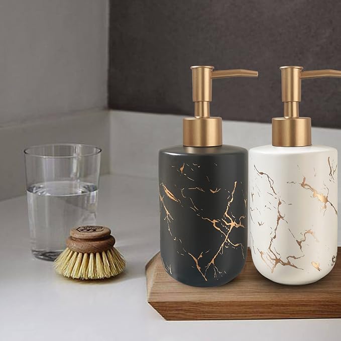 Gold Ceramic Soap Dispenser with Marble Pattern - Liquid Hand Soap Dispenser Pump Bottle (White)