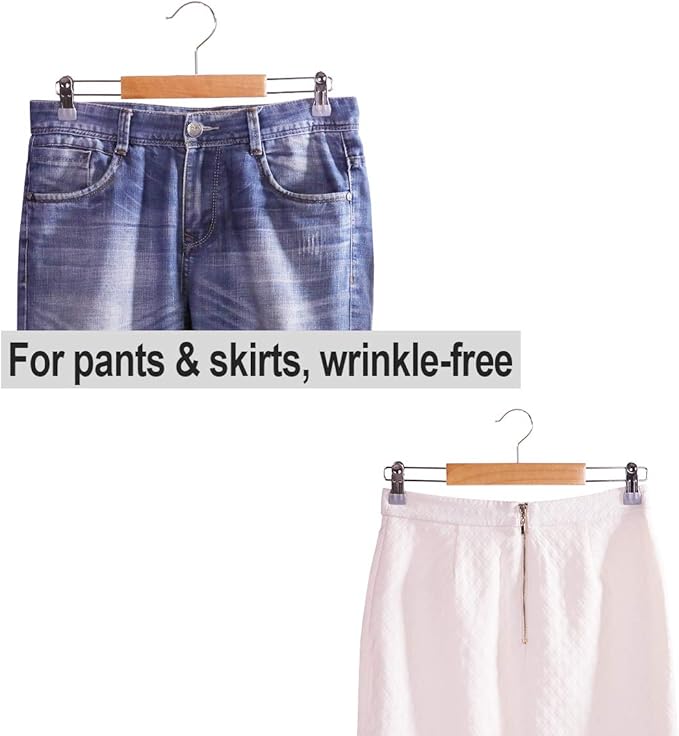 ELONG HOME Wooden Pants Hangers 12Packs, Skirt Hangers with Adjustable Clips, Non Slip Wood Clothes Hangers with Clips, Space Saving Hangers for Pants Skirts Trousers Slacks Jeans