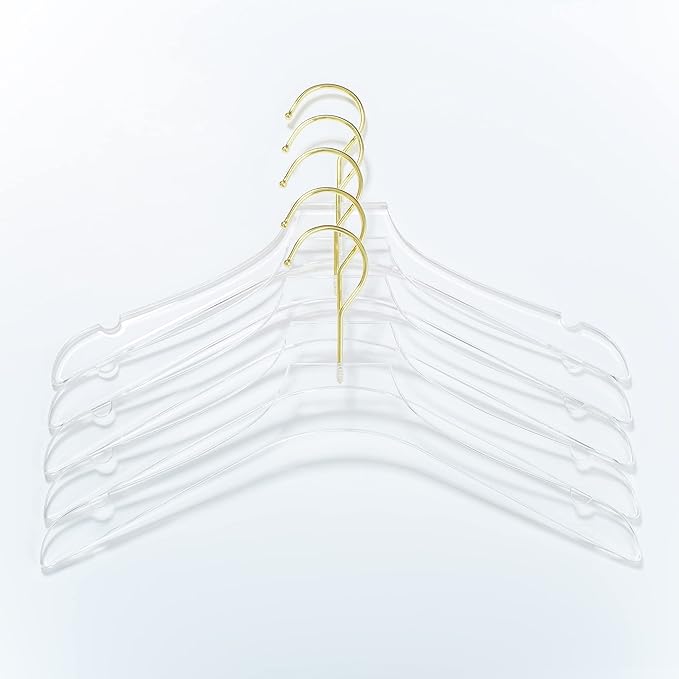 HomeCube USA Clear Acrylic Clothes Hanger with Gold Hooks – Heavy Duty Lucite Closet Organizer, Elegant & Sturdy for Shirts, Dresses, Coats, Suits & Boutique Use (20, Medium 15")