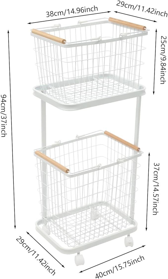 2 Tiers Metal Laundry Basket with Wheels, Removable Wire Laundry Baskets With 4 Universal Wheels Rolling Laundry Basket Floor Standing, Load Bearing Capacity of 88.18 lbs