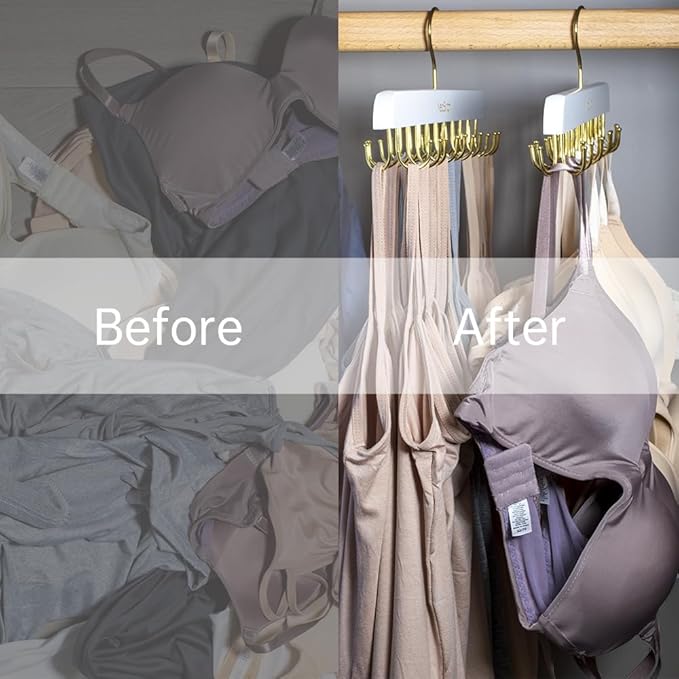 Bra Hanger for Closet Organizers and Storage | Space Saving Wooden Hanger | 20 Steel Hooks for Tank Tops, Camis, Hats, Lingeries, Belts, Ties, Scarfs Holder| 360° Rotating Non-Slip (1, 2 Pack White)