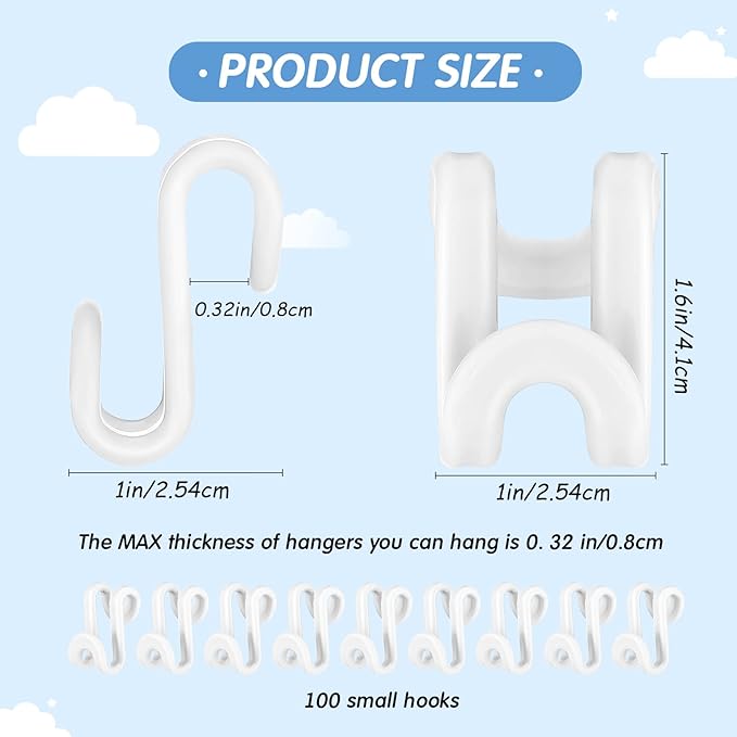 Unittype 100 Pcs Space Saving Hanger Hooks, Clothes Hanger Connector Hooks, Heavy Duty Space Saver Extender Clips for Closet Organizers (White)