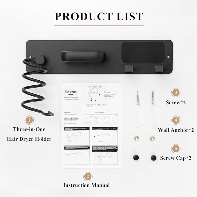 BSICPRO Hair Dryer Holder-3 in 1 Blow Dryer Holder-Metal Bathroom Hair Tool Organizer Wall Mounted-Bathroom Organizer for Hairdryer Curling Iron Flat Iron (Black)
