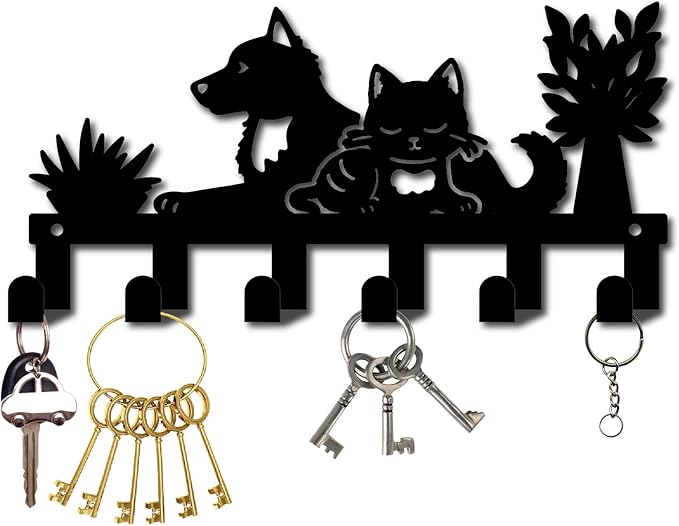 CREATCABIN Pet Key Holder for Wall Mounted Key Rack Dog Cat Potted Plant Design Decorative with 6 Hooks Iron Coat Clothes Hanger Organizer for Wall Bag Towel Dog Leash Entryway Door 10.6 x 5.1 Inch