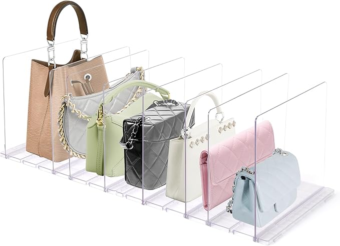 Purse Organizer for Closet, Clear Acrylic Clutch Bag Organizer, Adjustable Shelf Divider for Closet Organizers and Storage, Detachable Handbag Separators Dividers Rack for Bedroom Bathroom Office