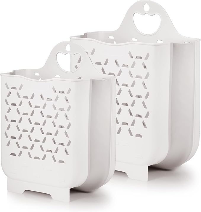 Laundry Basket Collapsible Laundry Hamper 2 Packs Clothes Hamper Portable Dirty Clothes Basket Smart Saving Space Hampers for Laundry Dorm Room Ventilated Design (White)