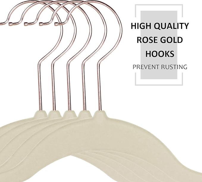 VECELO Premium Velvet Clothes Hangers Suit Heavy Duty (25 Pack)-Non Slip & Space-Saving with 6 Finger Clips & Tie Rack Excellent for Men and Women，Light Beige