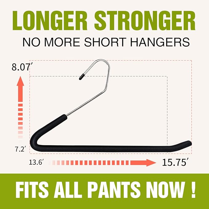 Spring Fever Open Ended Non Slip Sponge Padded Pants Hangers - Chrome Plating Foam Heavy Duty Space Saving Black Long 30
