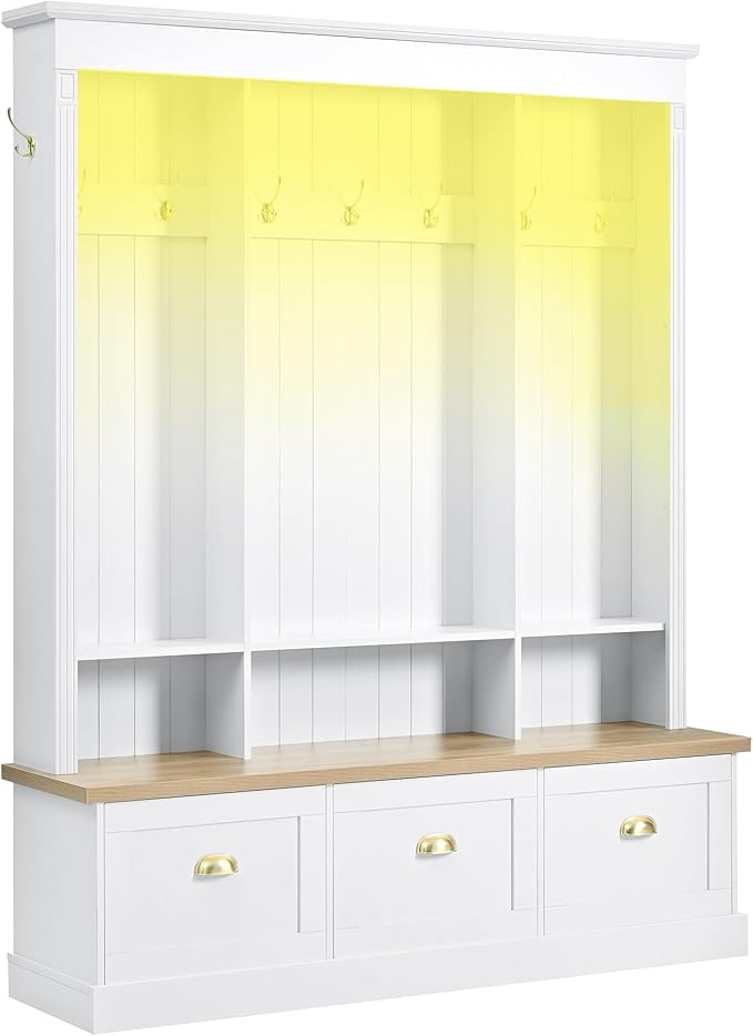 Farmhouse 75" H Hall Tree with 9 Golden Hooks, 3 Large Cabinets, Open Shelves, Roman Column Design Natural Storage Bench, Entryway Organizer with Shelves for Mudroom, Hallway (White,75)