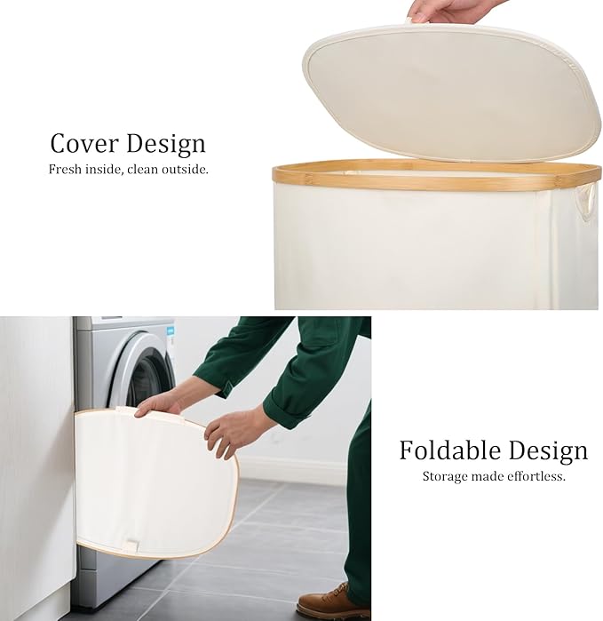 Laundry Hamper with Lid, 100L Clothes Hampers for Laundry with Bamboo Handles and A Removable Bag, Fordable laundry Basket with Lid for Bathroom, Bedroom, Dorm, Laundry Room