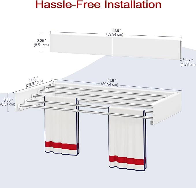 Wall Mounted Drying Rack 23.6", Foldable Laundry Drying Rack with Stainless Steel Rods, Retractable Laundry Space Saver for Indoor & Outdoor Use, Include Wall Template