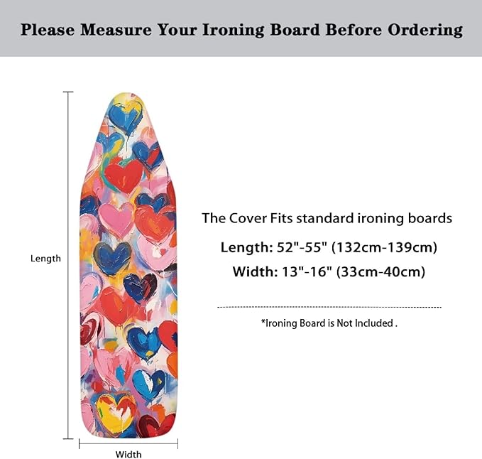 Colorful Love Heart Heat & Stain Resistant Iron Board Cover Easy-Fit Replacement Ironing Board Cover for 15" x 54" Ironing Boards Valentine's Decoration